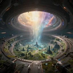 ' cercular space colonie rotating near avatar like landscape, high - tech space cult, dramatic lighting, epic, octane render, volumetric light, unreal engine, artbreeder, 8 k, background, scene, digital, artwork, high quality, 8 k''