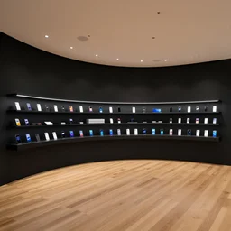 copic art, lofi aesthetic!!!!!!!!!! ( ( ( ( ( ( ( ( ( ( serious grounded balanced muted flagship samsung store, black walls. timber floor. low ceilings with spots. curved furniture, with large digital screen. display tables with phones and tablets, pots with plants, large digital screens on the walls ) ) ) ) ) ) ) ) ) )