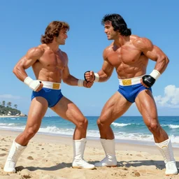 rocky iii racing apollo and rocky on the beach, matte painting, beautiful, inspired, energetic, 8 0 s colors