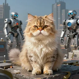 a persian cat in a robot city, highly detailed, digital painting, sharp focus, fantasy art