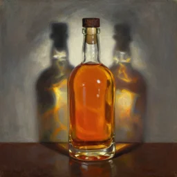oil painting by frans mortelmans, whiskey bottle in cinematic light, shadows, dramatic and very very very very beautiful masterpiece, light reflection, light refraction, transparent glass vase, optical caustics