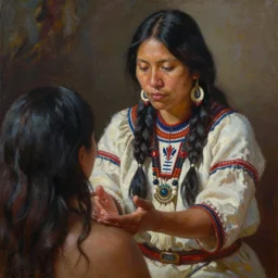 a beautiful painting of an indigenous femaile shaman doing hand on healing reiki on another woman, matte painting, by christophe vacher