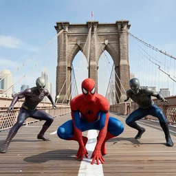 a wide angle action shot of avengers defending brooklyn bridge from alien invasion, spider-man swinging on a web in the background, in the style of marvel comics, graphic novel