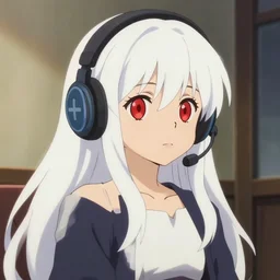 anime visual of a cute girl, with + ( ( red eyes ) ) + long white hair + ( ( wearing a headset in her room interior ) ), poster by studio ghibli