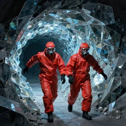 two scientists wearing red hazmat suits, entering the geometric crystal wormhole by frank frazetta