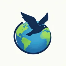a vector art logo of a bird flying around the earth