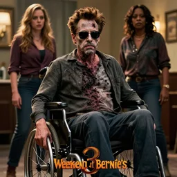 movie poster for weekend at bernie's 3, robert downey jr in a wheelchair with dark sunglasses, grey facial flesh, cinematic lighting, zombie rigor mortis inanimate corpse in a wheelchair, robert downey starring in weekend at bernie's, bernie goes to vegas also starring sarah silverman and whoopi goldberg