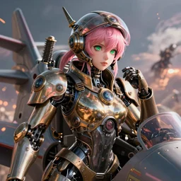 mechanical female steampunk robot fighter pilot mechanical girl with intricate shiny parts and pink hair and green eyes helmet jacked into the jet cockpit. beautiful. detailed photorealitic octane unreal. battle background