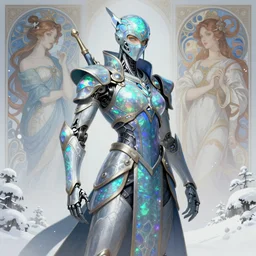 iridescent opal cyborg ninja warrior, winter, morandi color scheme, hd, illustration, epic, d & d, fantasy, intricate, elegant, highly detailed, wide angle, digital painting, artstation, concept art, smooth, sharp focus, illustration, wallpaper, art by artgerm and greg rutkowski and alphonse mucha and jin xiaodi