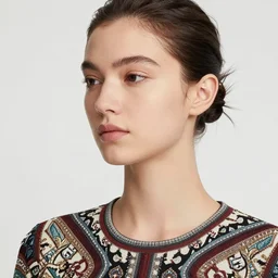 photograph of a fair skinned female model in her twenties, her hair pinned up, wearing a designer top, looking content, focused on her neck, photo realistic, extreme detail skin, natural beauty, no filter, slr, golden hour, 8 k, high definition, selfie
