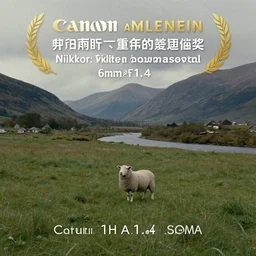 still frame from a wes anderson movie of a meadow with a lonely sheep with a river and mountains, 1 6 mm f 1. 4 lens, nikkor, canon, sigma, award - winning landscape photography