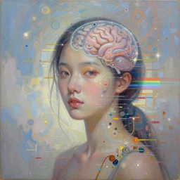 portrait oil painting, abstract expression, subconscious connects, dimensional consciousness, fantastical, ultra realistic asian girl glitch art, soft glows, intricate details, artifacts, luminous skies, transparent brain, highly detail