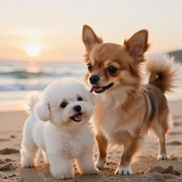 a photorealistic closeup image of a cute brown colored long haired chihuahua cocker spaniel dog plays with a smiling white bichon frise puppy on the beach. sunset, surf, brightly lit scene. fine detail. nice composition. 4 k hd unreal engine