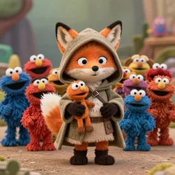 a chibi foxfolk muppet druid wearing a hooded cloak holding a small muppet animal with a small herd of random muppet animals following behind, sesame street, photograph, photography, ultrarealistic, national geographic