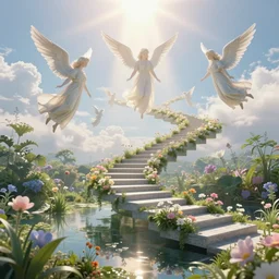 floating stairway to heaven, celestial, heavenly, light, celestial sky, angels, hyperdetailed, 8 k, 4 k, light reflection, vegetation, dense vegetation, flowers, plants, floating staircase, levitating staircase, flowers on the staircase, nature, spring lighting, sun rays,