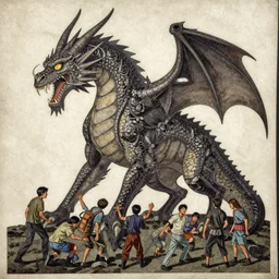 A beautiful street art of a large, dragon-like creature with sharp teeth, talons, and a long tail. The creature is looming over a small group of people who appear to be in distress. intarsia inlay by Brian Stelfreeze, by Makoto Shinkhai, by Raphaelle Peale