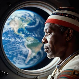 close-up photo of an African tribal chief looking at planet earth out the porthole window of a spaceship, close-up, NASA, photo shot by martha cooper, 35mm,