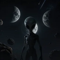 alien planet, extra terrestrial, dark, moody, 3 moons, night sky shot, asteroids and meteor shower, 8 k, 4 k, unreal, high octane render