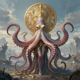 portrait of an octopus goddess, full body shot, rule of thirds, wide angle, amazing landscape in background, fantasy, whimsical, horror, art by riot games and chengwei pan and josephine wall and amanda sage and alphonse mucha, intricately detailed, highly detailed, luxurious, elegant, clean, unsettling, trending on artstation