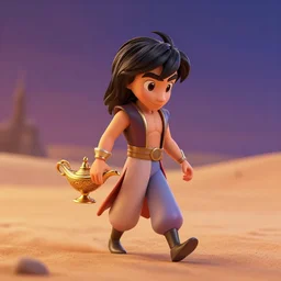 aladdin's genius of the lamp as nendoroid walking in a desert in the croods movie style, anime, disney, pixar, 8 k, hd, dof, kodak film, volumetric lighting, subsurface scattering, photorealistic, octane render, details