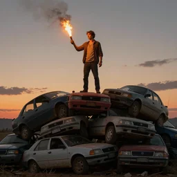 man standing on a pile of cars, torch in hand, sunset, concept art, intricate details, highly professionally detailed, cgsociety, highly detailed -
