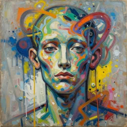 abstract expressionism oil painting intertwined with a mutant biomorphic posthuman human head, spray paint texture, drips, impasto paint, 3 d graffiti texture, brushstrokes, abstract, highly detailed, hyperealistic fresh paint, harmonious, chaotic, colorfull, in the style of alphonse mucha