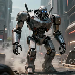 apocalyptic, a close - up of a big angry robot walking on the future street. smoke. volumetric lighting, sharp focus, ultra detailed, cgsociety - w 1 0 2 4 - n 8 - i