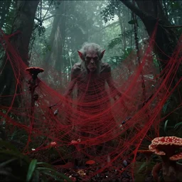elder demons from the abyss in a misty tropical forest, red webs and fungus, found footage, vhs footage, intricate, detailed