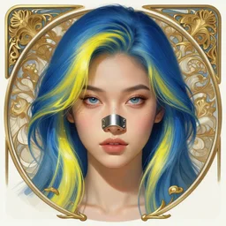 filipino girl blue - yellow hair, metal plate, nasal strip, nose cast, nose tattoo, glowing hair, intricate, elegant, highly detailed, my rendition, digital painting, artstation, concept art, smooth, sharp focus, illustration, art by artgerm and greg rutkowski and alphonse mucha and uang guangjian and gil elvgren and sachin teng, symmetry!!