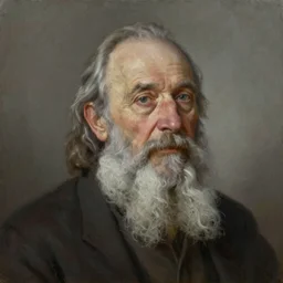 a stunning ultra realistic fine art painting of a content old man with a long gray beard, peaceful and graceful, by tom bagshaw, studio portrait, muted colors, melancholic, catchlight in the eyes, 4K