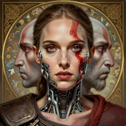 symmetry!! portrait of natalie portman in the style of god of war, machine parts embedded into face, intricate, elegant, highly detailed, digital painting, artstation, concept art, smooth, sharp focus, illustration, art by artgerm and greg rutkowski and alphonse mucha, 8 k