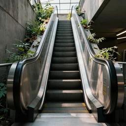 beautiful, sharp, award - winning photograph of abandoned, plant overgrown escalator, daytime, natural sun light