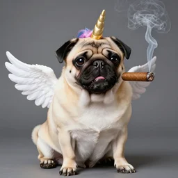 a pug with wings and a unicorn horn smoking a cigar
