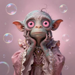 portrait of magical Gollum, dreamy and ethereal, expressive pose, big pink eyes, peaceful expression, ornate frilly dress, fantasy, intricate, elegant, many rainbow bubbles, rose tones, highly detailed, digital painting, artstation, concept art, smooth, sharp focus, illustration, art by artgerm and greg rutkowski and alphonse mucha