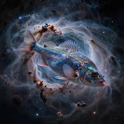unknown undiscovered fish swimming in outer space nebula, 4 k, ultra detail, ultra realistic, 8 k, octane render, unreal engine, beeple