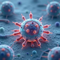 3d cells showing a cancer , neon lights on a science paper, cell journal, cell biology, nature journal, science