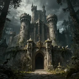 a highly detailed 4 k fantasy matte painting of pov camera of the entrance of a castle open with dark forrest on the other side, zdzislaw beksinski, artstation, cgsociety, unreal engine