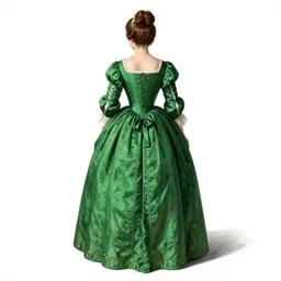 back of a noble woman in emerald dress, 1 7 th century, symmetric, retro illustration style