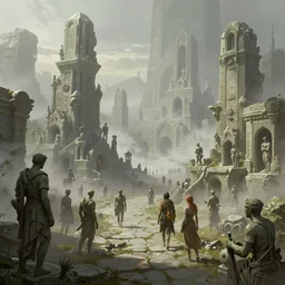 an ancient fantasy city covered in mist with people turned to stone, art by artgerm and greg rutkowski and magali villeneuve, d & d, fantasy, highly detailed, digital painting, trending on artstation, concept art, sharp focus, illustration