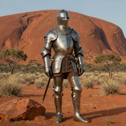 detailed portrait of a medieval knight standing near ayer's rock in the australian outback, jodhpurs greg manchess, painting by sargent and leyendecker, asymmetrical intricate elegant illustration gwent, by greg rutkowski, by greg tocchini, by craig mullins