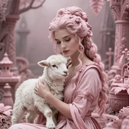 cinestill 5 0 d portrait of a beautiful dreamy woman by annie liebovitz, sitting in a hyper detailed ancient witch garden, holding a white lamb, pale pink tonal matt, hair intricate style, wearing are intricate ancient roman dress, elegant, highly detailed, soft foggy blur, artstation, sharp focus, head in focus,