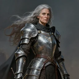 An epic fantastic realism comic book style portrait painting of an old woman in armor, female, long grey hair, cloak, D&D Concept Art, unreal 5, DAZ, hyperrealistic, octane render, cosplay, RPG portrait, dynamic lighting
