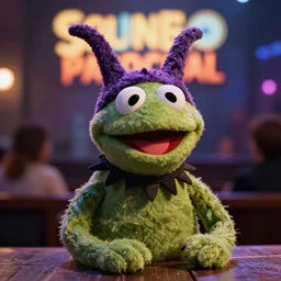 a marketable plush muppet of a goth mantaray, in the style of muppets, lighting and character design from spongebob the musical on broadway, real, photograph, cinematic