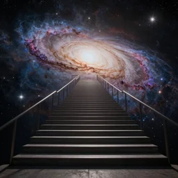 a stairway filled with galaxies and nebulas