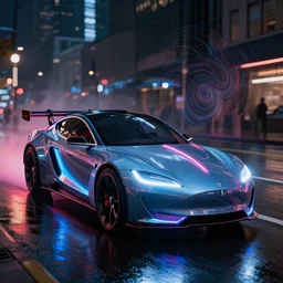product shot of a tron tesla light cycle car on wet city street at night, intricate, hyper detailed, smooth, high contrast, neon, volumetric lighting, octane, moebius, greg rutkowski, blade runner, ripley scott, cindmatic