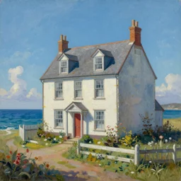 beautiful painting of an old house by the ocean painted by Ralph Horsley, vivid fantasy