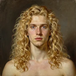 Painting of Dominik Sadoch with long fluffy curly blond hair. By J.C Leyendecker and Norman Rockwell. Androgynous clean shaven scandinavian white man.