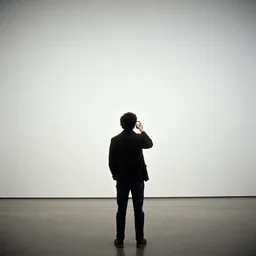 person seen from behind standing in an empty gallery contemplating over the empty opposite wall talking a smartphone photo, photo taken with provia 1987 getty images stock photography