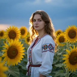 Ukrainian girl standing in a field of sunflowers, blue sky. backlit, octain