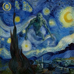 cthulhu coming from the night sky of a city, painting by van gogh